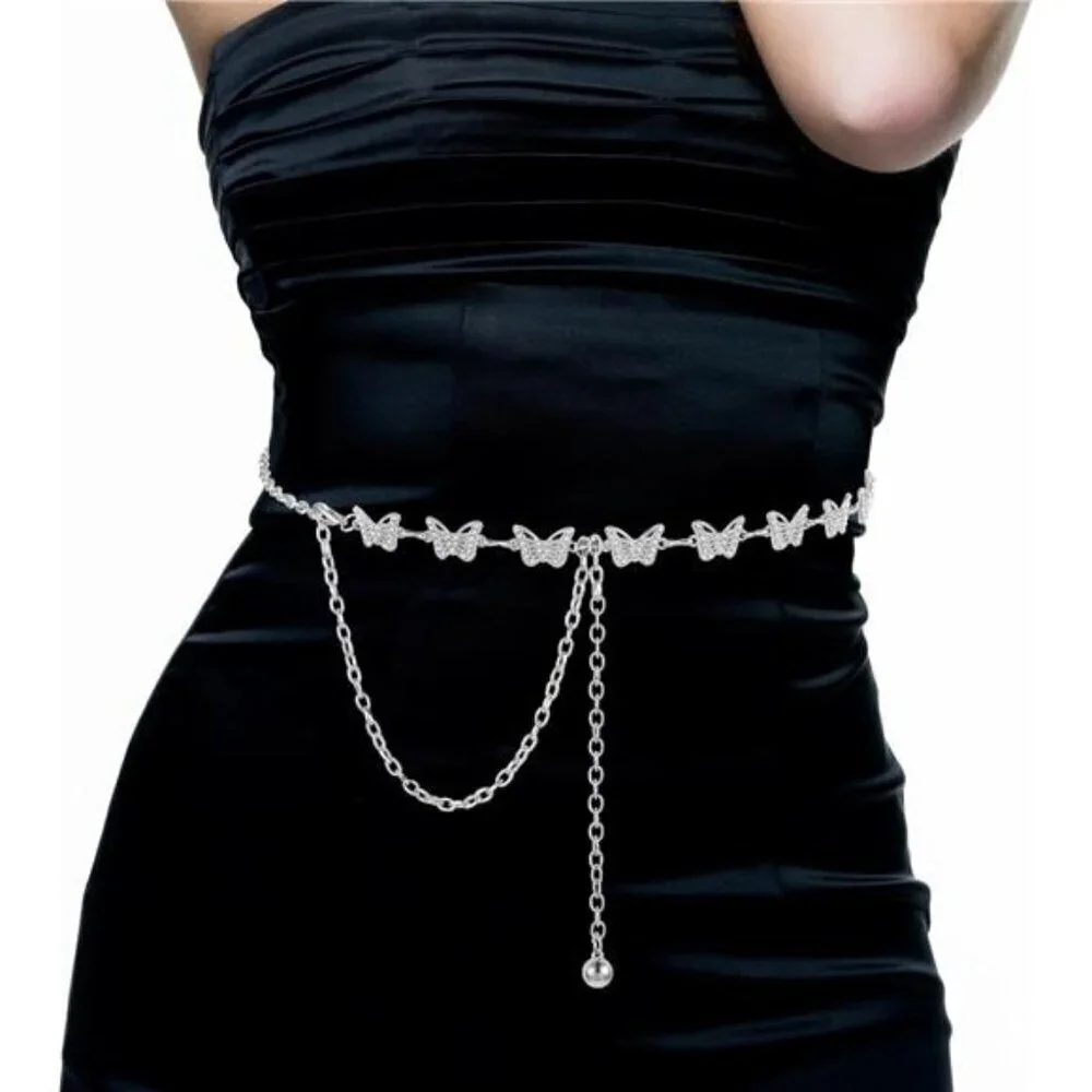 Silver Women Butterfly Waist Chain Belt Metal RhinestonesWaist Belts Women Dress
